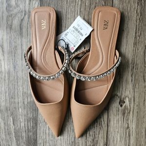 NWT ZARA NUDE MULES WITH RHINESTONE STRAP